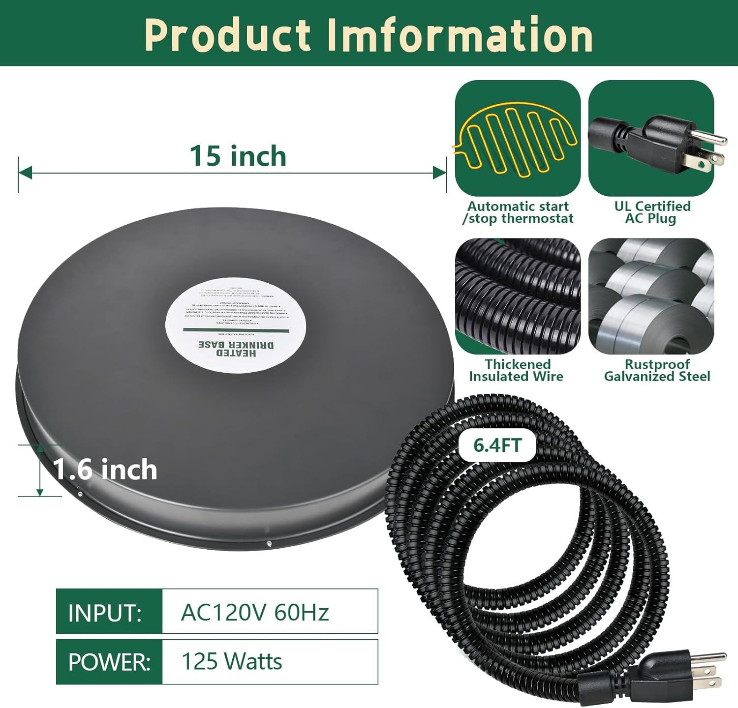 15IN 125W Heated Chicken Waterer Base with Thermostat A98816