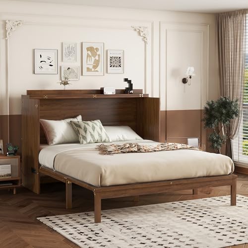 Queen Murphy Bed Cabinet with Charging Station & Rattan Design – Wall Bed with Large Storage Drawer, Foldable Platform Bed – Pine Wood Construction, Walnut M34960
