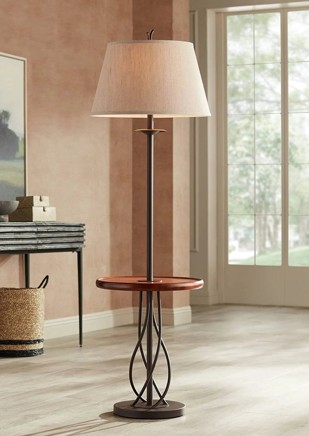 Rustic Farmhouse Floor Lamp with Tray End Table 63.5" Tall Wood Twisted Iron Base Brown Linen Fabric Tapered Drum Shade W598