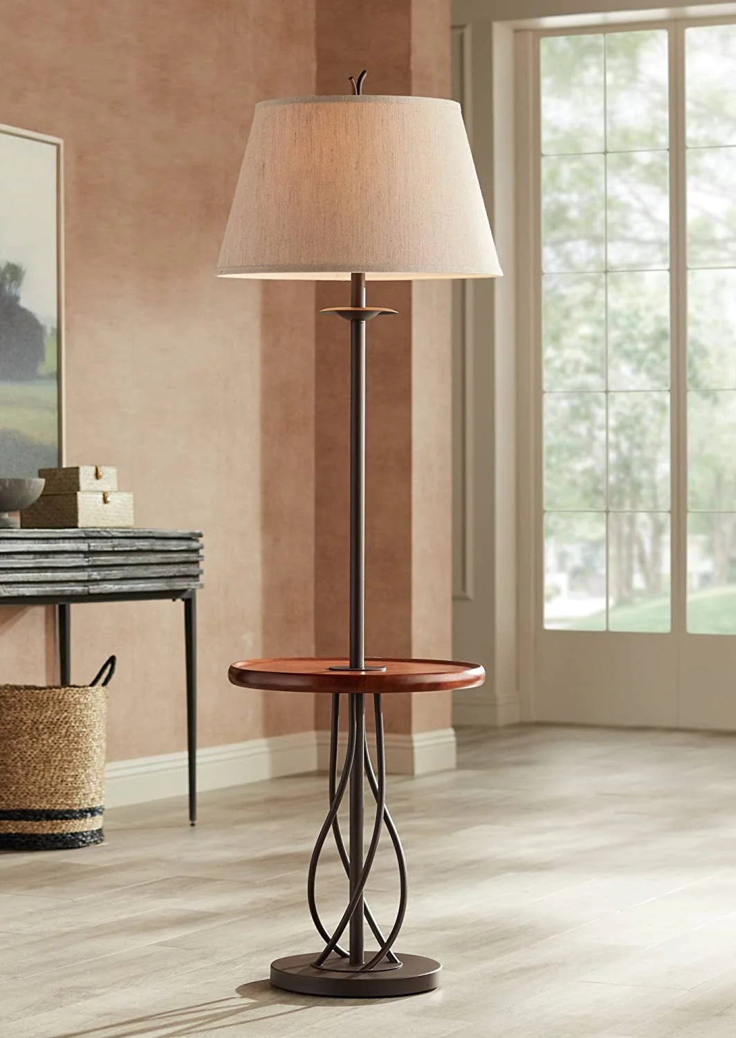 Rustic Farmhouse Floor Lamp with Tray End Table 63.5" Tall Wood Twisted Iron Base Brown Linen Fabric Tapered Drum Shade W598