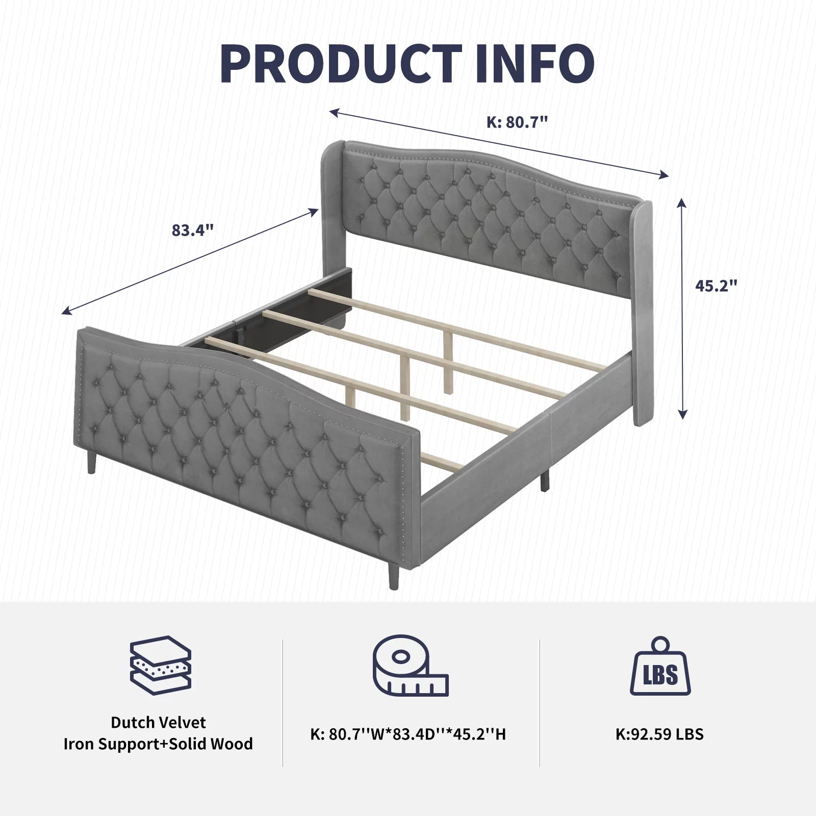 King Size Button Tufted Velvet Platform Bed Frame, Silver Grey W3992