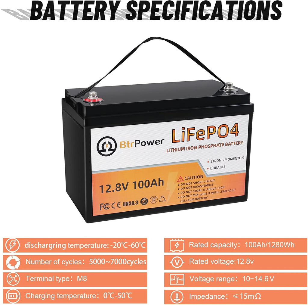 2 Pack 12V 100Ah LiFePO4 Deep Cycle Rechargeable Battery with 100A BMS Q533854