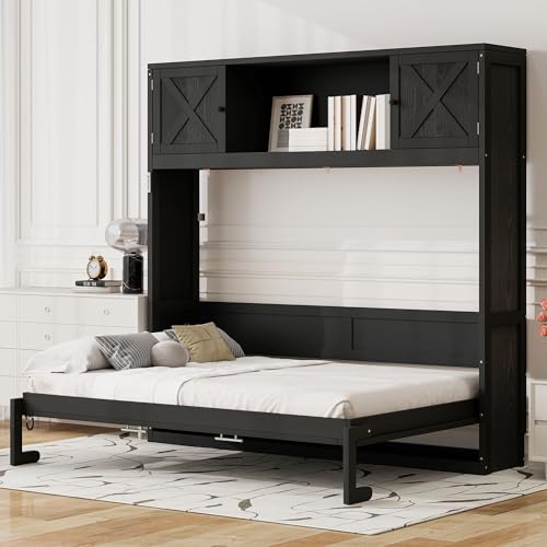 Black Full Horizontal Murphy Bed with Shelves and Storage Bookcase J615