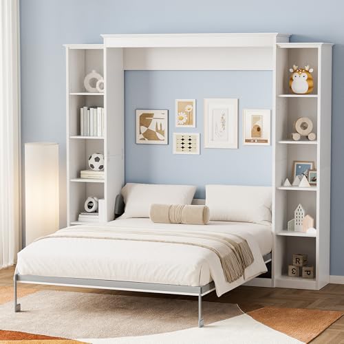 Queen Murphy Bed with Storage Bookcase & 4 Adjustable Shelves, White Wood Wall Bedframe with Metal Legs I668