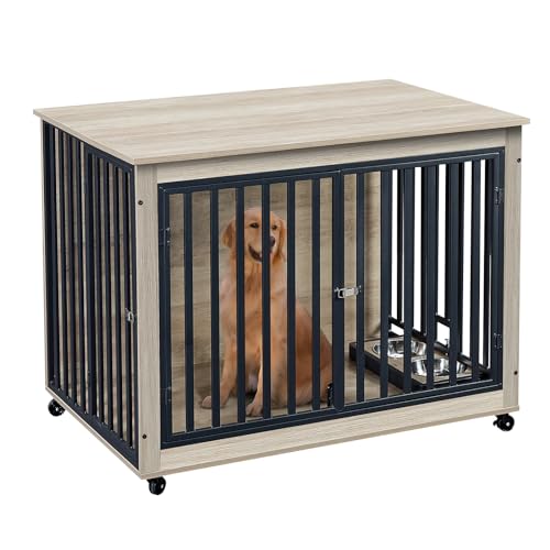 Grey Wooden Dog Crate with Double Doors and Pull-Out Dog Bowls F52847