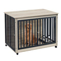 Grey Wooden Dog Crate with Double Doors and Pull-Out Dog Bowls F52847