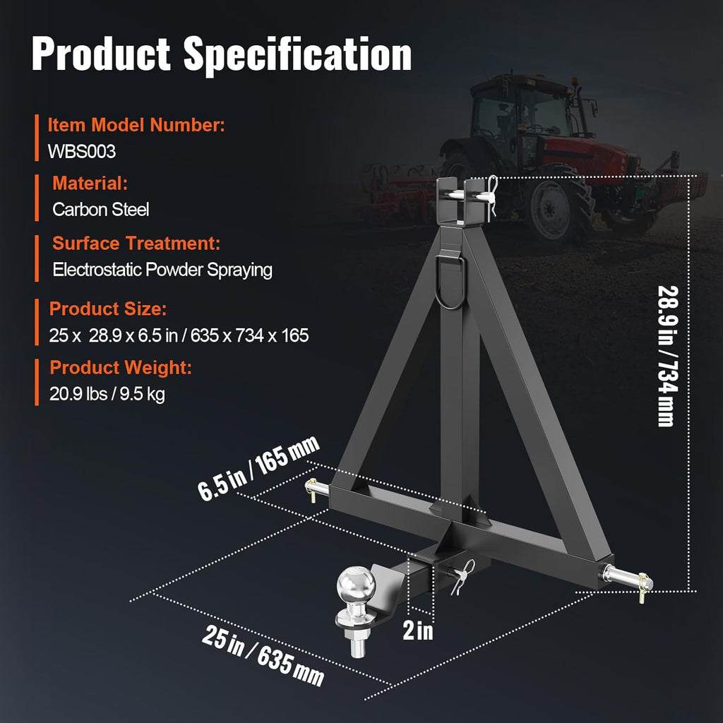 3 Point 2" Receiver Trailer Hitch Category 1 Tractor Tow Drawbar Adapter with Pins K8244