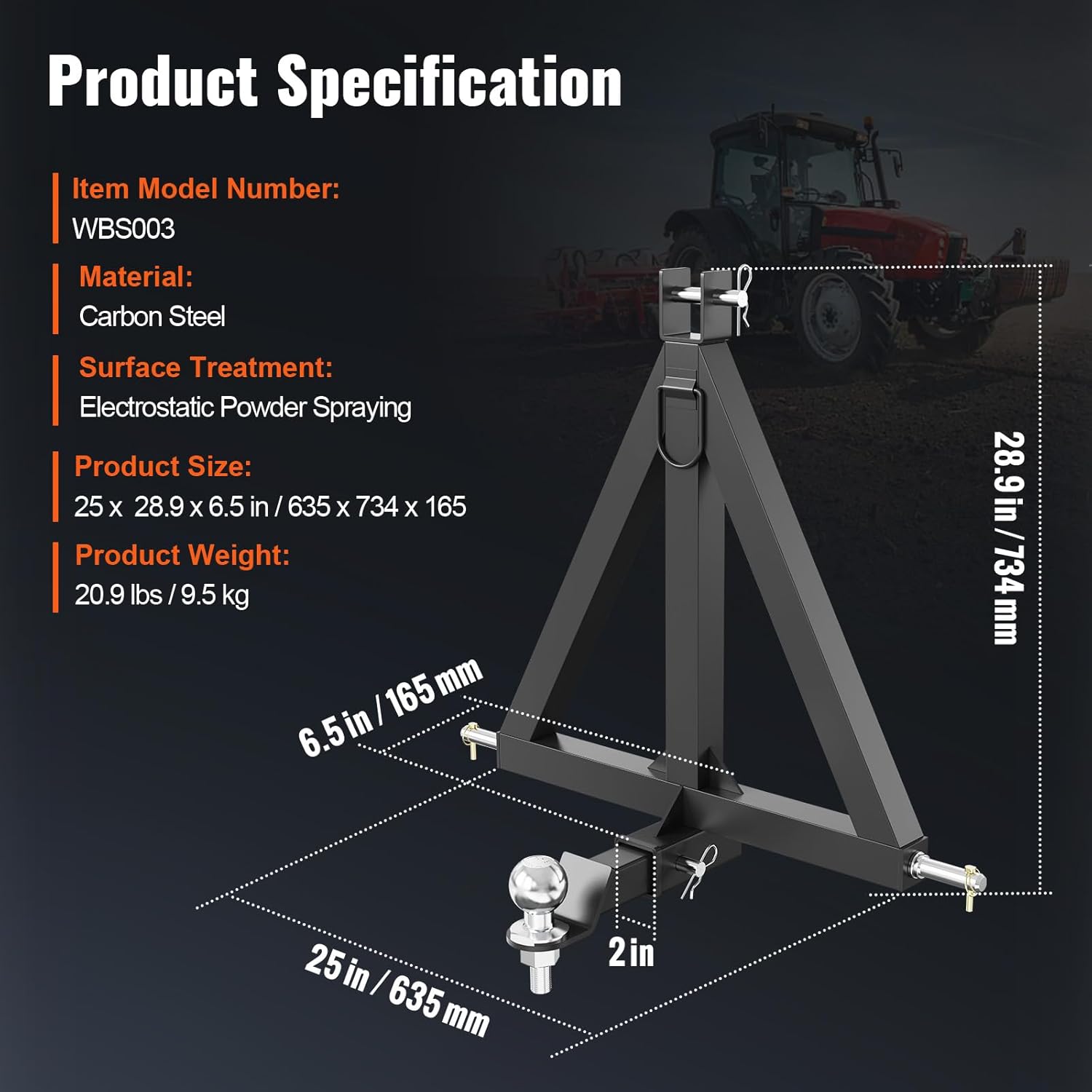 3 Point 2" Receiver Trailer Hitch Category 1 Tractor Tow Drawbar Adapter with Pins K8244
