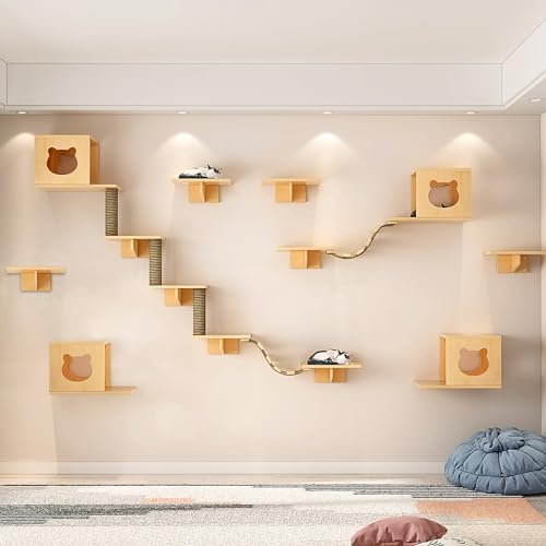 Cat Wall Shelves and Furniture Set with Condos, Perches, Bridge Ladders, Sisal Scratching Posts L406