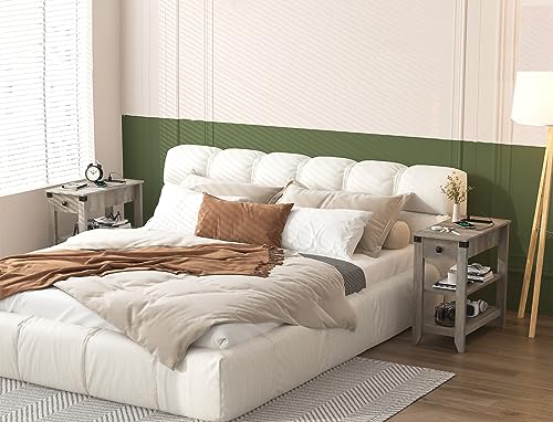 Set of 2 Narrow Side Table with Charging Station and Storage Drawer Rustic Grey Z8175