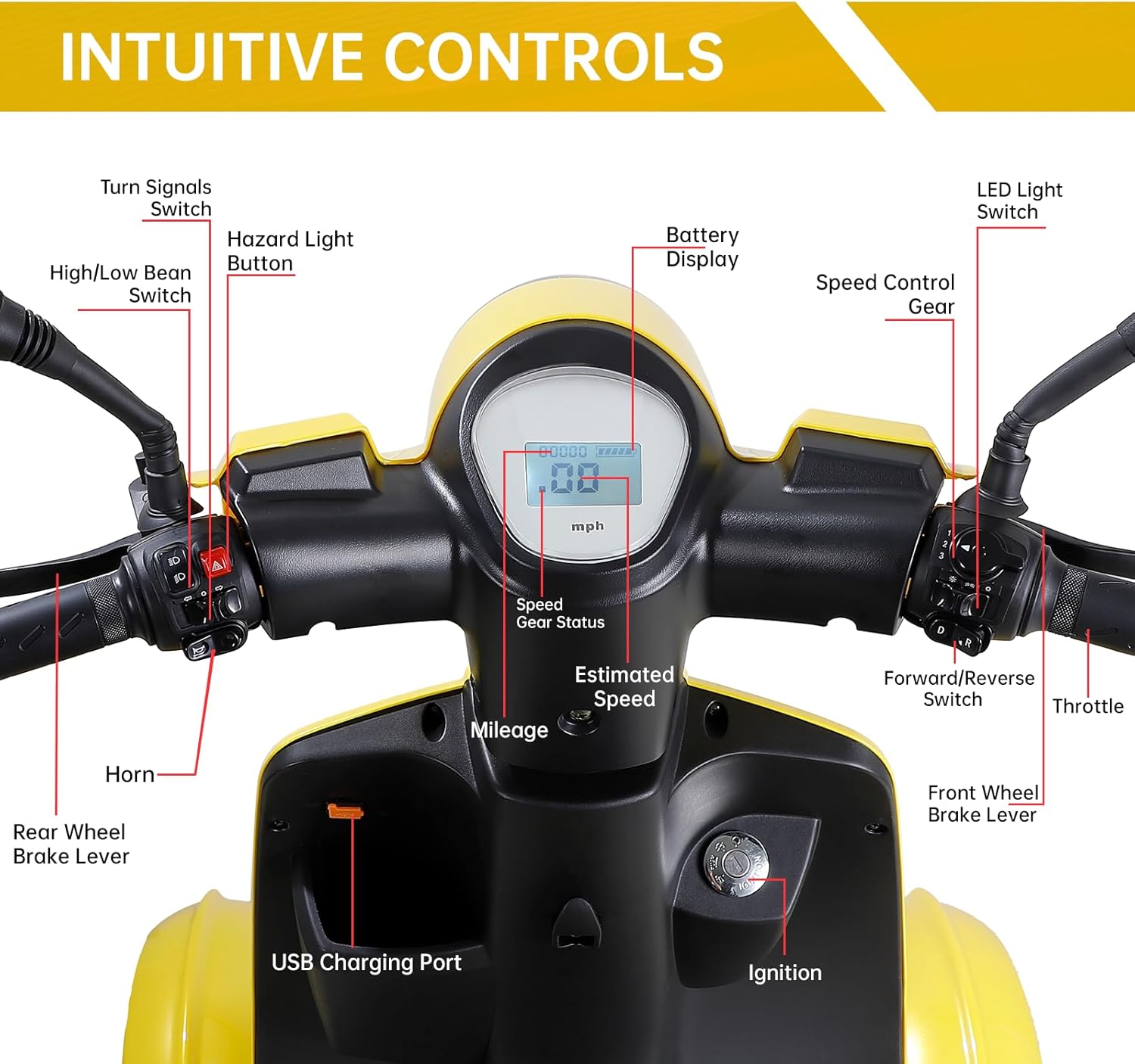 Yellow 4 Wheel Mobility Scooter 500lbs Capacity Z771170