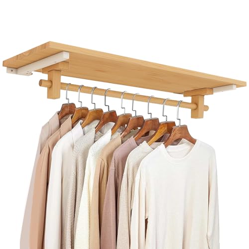 Solid Wooden Clothes Rack with Top Shelf, Wall Mounted Garment Rack P40909