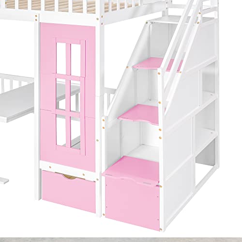 Pink Twin-Over-Twin Bunk Bed with Slide, 2 Drawers, 3 Shelves, Solid Wood R3894