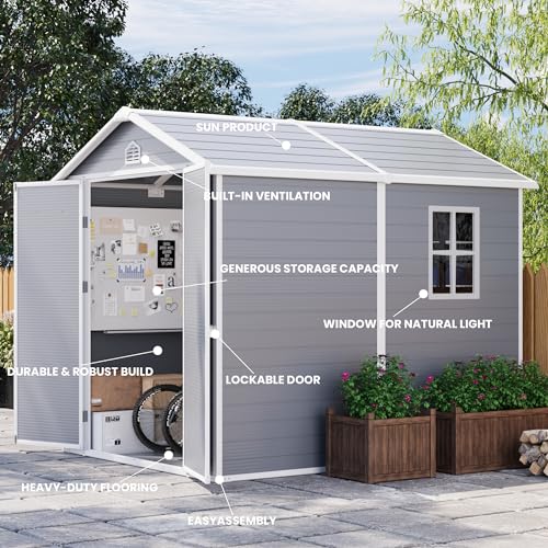 6 x 8 FT Grey Plastic Outdoor Storage Shed with Floor U494083