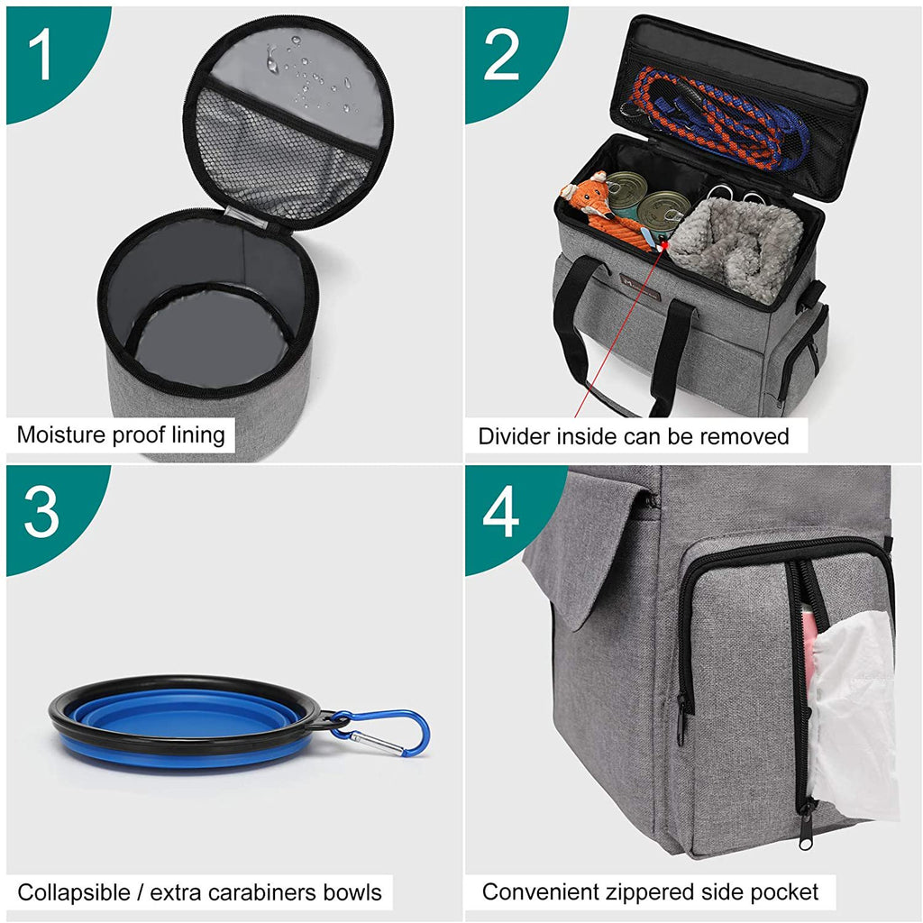 Dog Travel Bag with 2 Food Carriers, 2 Collapsible Bowls, and 1 Placemat E25441