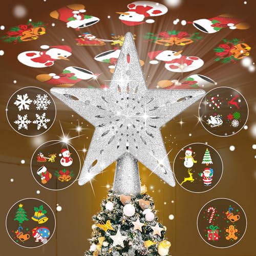 Silver 3D Glitter Lighted Christmas Tree Topper with Rotating LED Lights U645