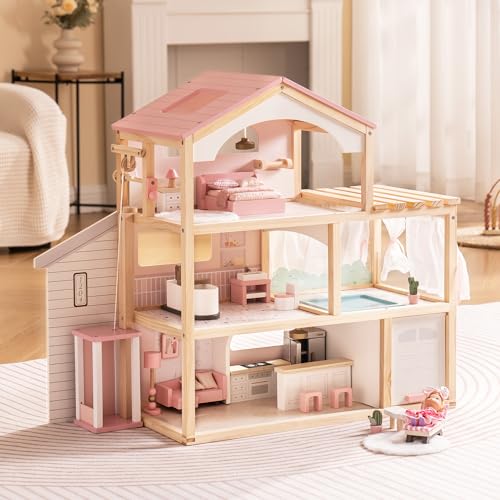 Pink Wooden Dollhouse with 6 Rooms and 29-pcs Furniture Set I1455