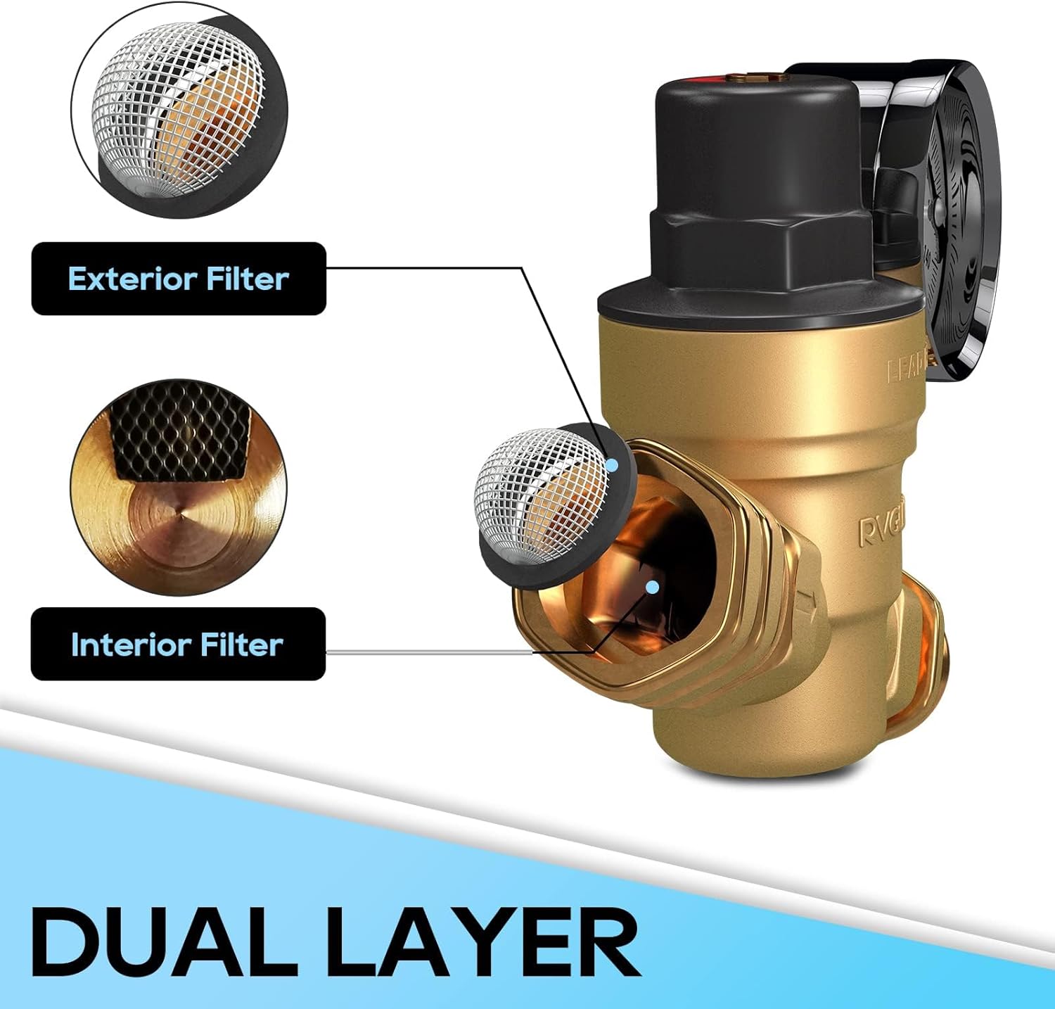 Brass Lead-Free Adjustable RV Water Pressure Regulator Valve with Gauge and Inlet Screen Filter T994894