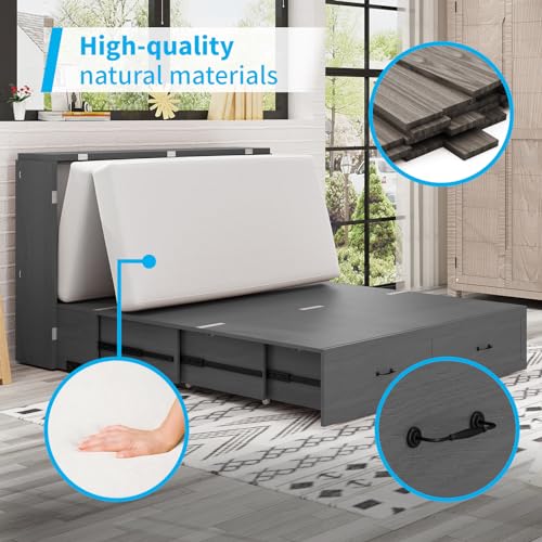 Queen Size Solid Wood Murphy Bed with Foam Mattress and 2 Storage Drawers Y745132