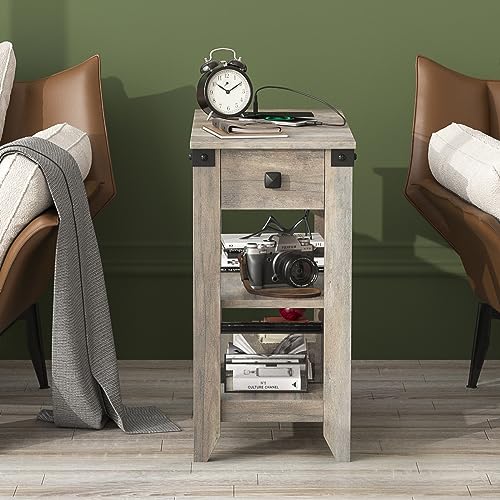 Set of 2 Narrow Side Table with Charging Station and Storage Drawer Rustic Grey Z8175