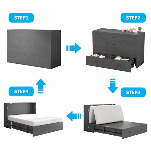 Queen Size Solid Wood Murphy Bed with Foam Mattress and 2 Storage Drawers Y745132