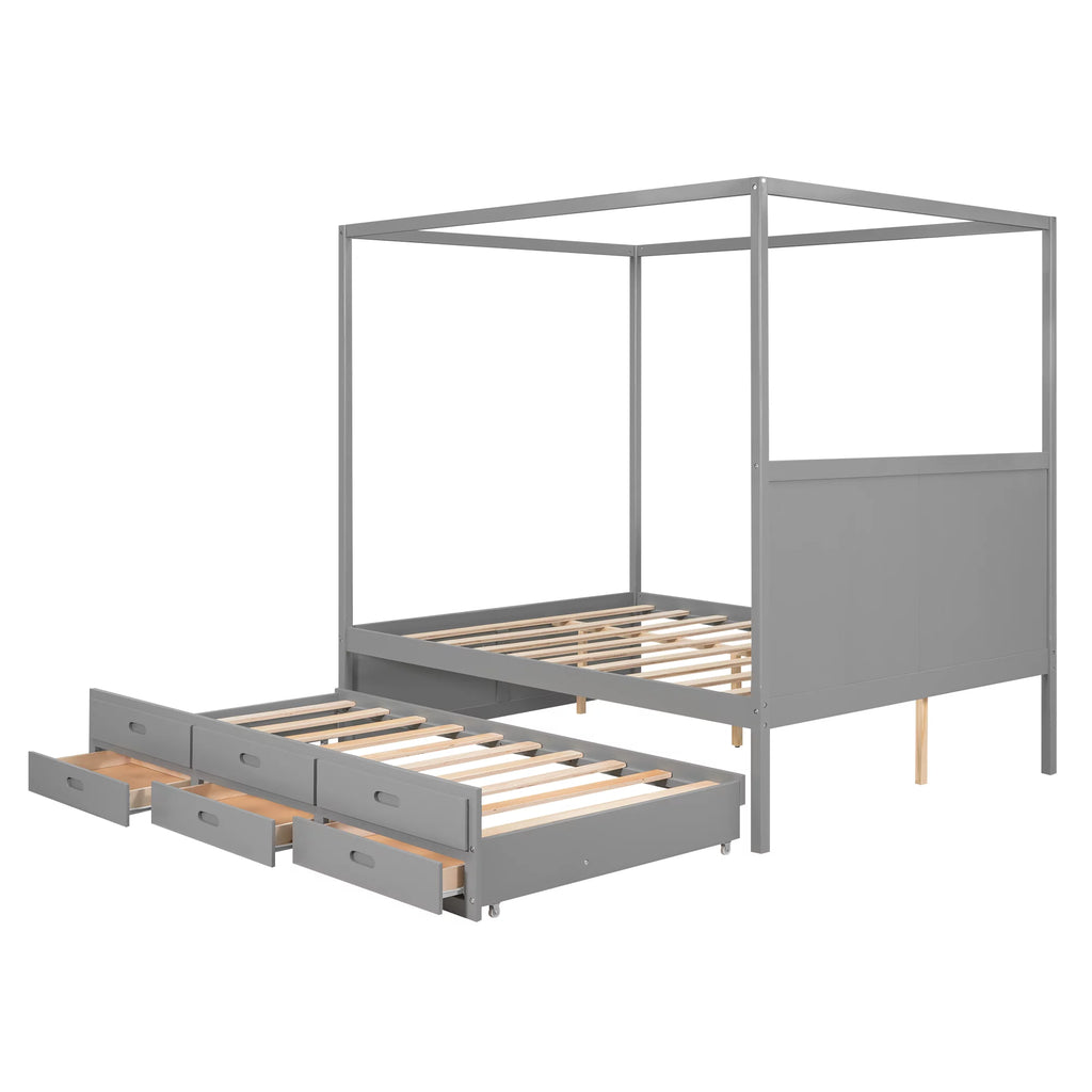 Gray Wooden Queen Platform Bed with Trundle and 3 Storage Drawers T814465