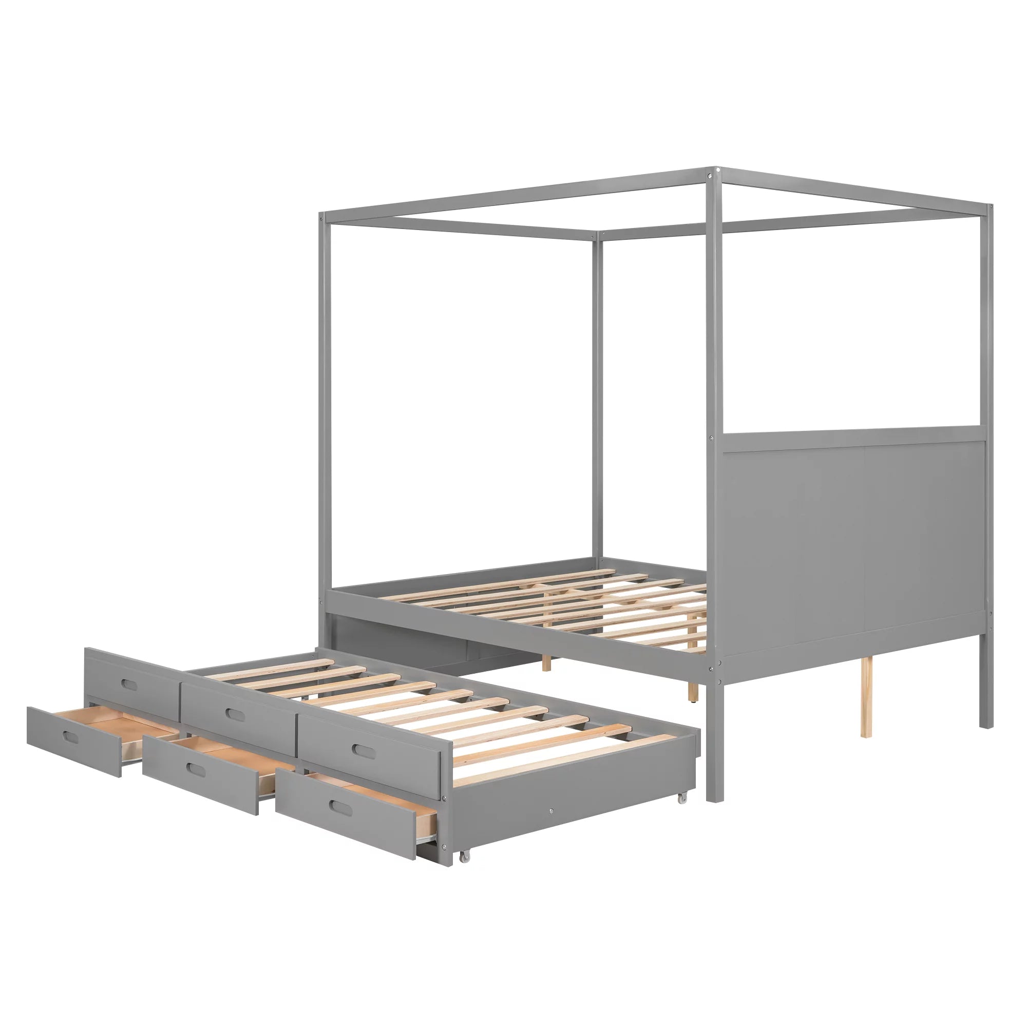 Gray Wooden Queen Platform Bed with Trundle and 3 Storage Drawers T814465