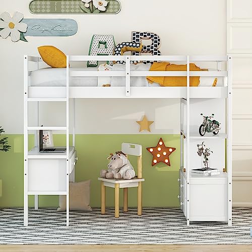 Full Size Solid Wood Loft Bed Frame with Desk and Storage S402977