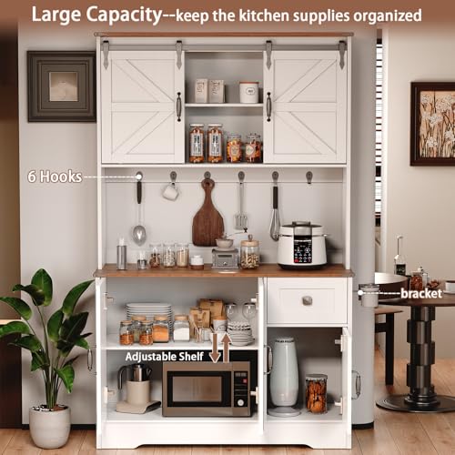 White Kitchen Pantry Cabinet with Charging Station and Microwave Stand K96578