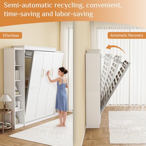 Queen Murphy Bed with Storage Bookcase & 4 Adjustable Shelves, White Wood Wall Bedframe with Metal Legs I668