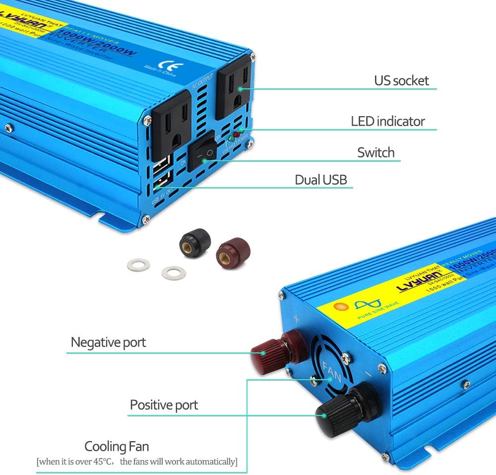 3000 Watt Pure Sine Wave Inverter 12V to 110V DC to AC with LCD Display 4 AC Sockets 4 USB Ports G326