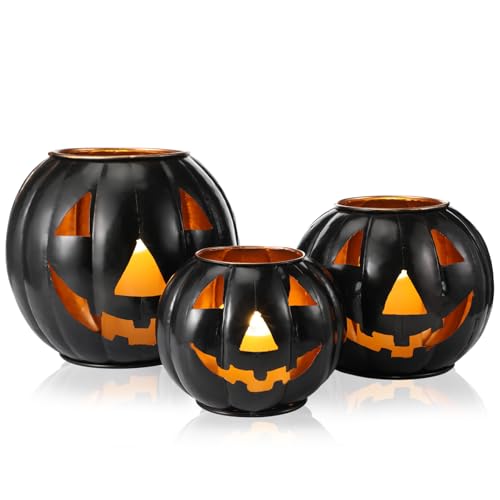 3 Sets Halloween Metal Jack O Lanterns Pumpkin with 3 LED Candles with Black Creepy Cloth Decoration Bundle I762