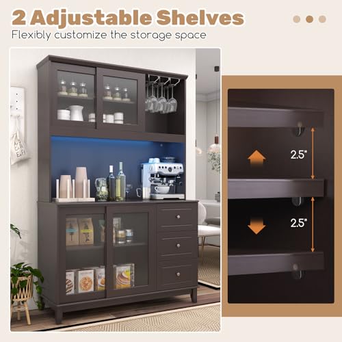 73" Kitchen Pantry Storage Cabinet with LED Lights & Power Outlet, Wine Glass Racks, Adjustable Shelves, Drawers (Espresso) Q89858