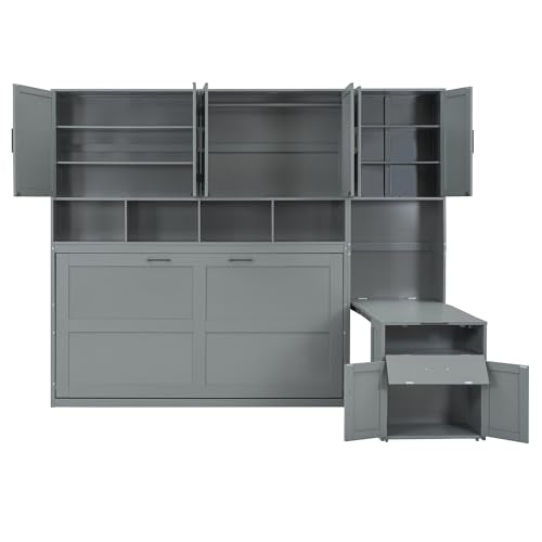 White Twin Size Wooden Murphy Bed with Closet Drawers Desk S3281