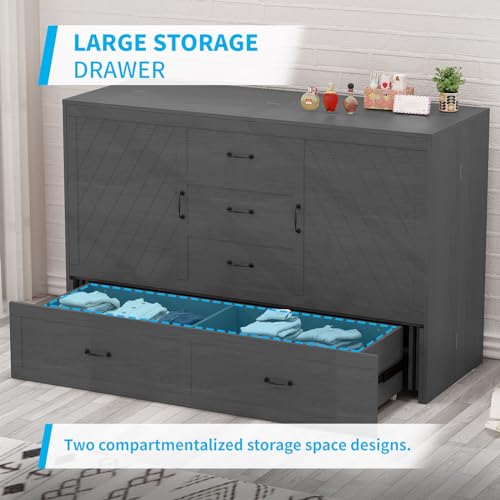 Queen Size Solid Wood Murphy Bed with Foam Mattress and 2 Storage Drawers Y745132