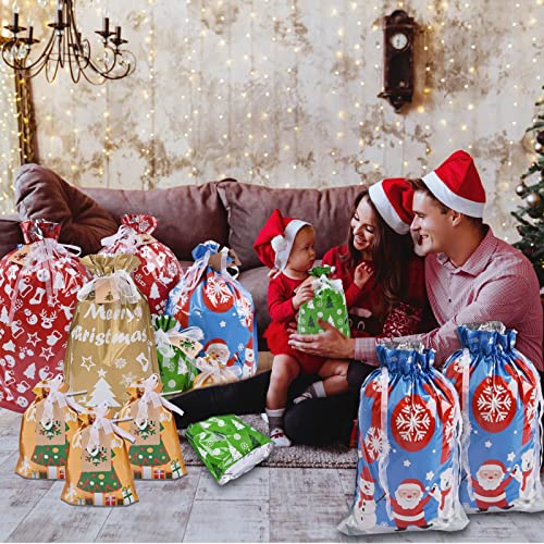 22pcs Drawstrings Christmas Gift Bags Assorted Sizes Reusable Plastic H58334