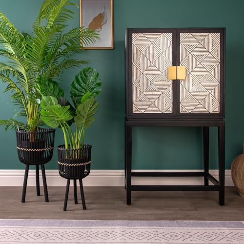 Set of 2 Bamboo Wood Planters on Stands, Brown/Black V402