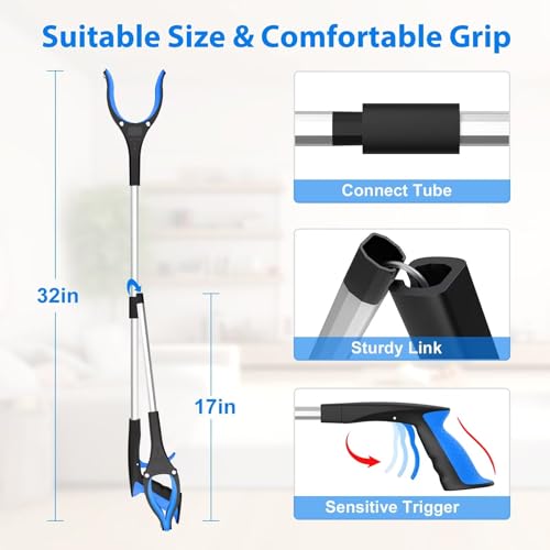 32" Foldable Reacher Grabber Tool with 360° Rotating Jaw & Magnet, Blue W130508
