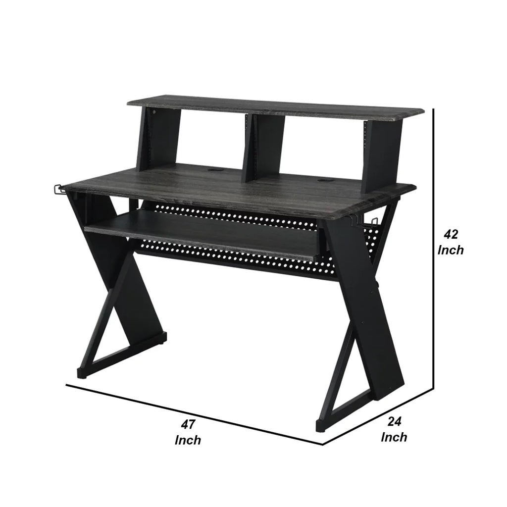 Gray Wood Music Desk Studio Station with Keyboard Tray and Shelves D89655