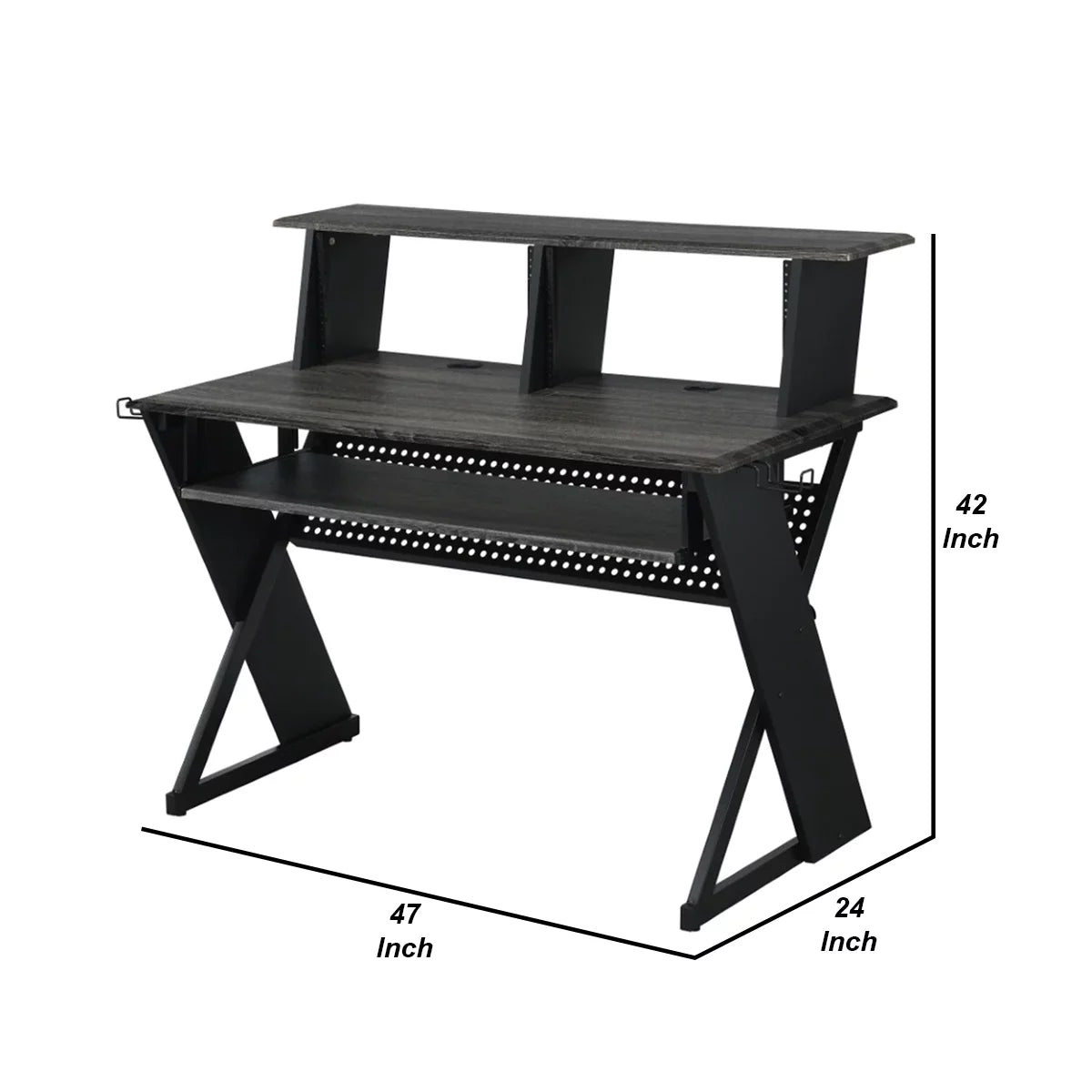 Gray Wood Music Desk Studio Station with Keyboard Tray and Shelves D89655