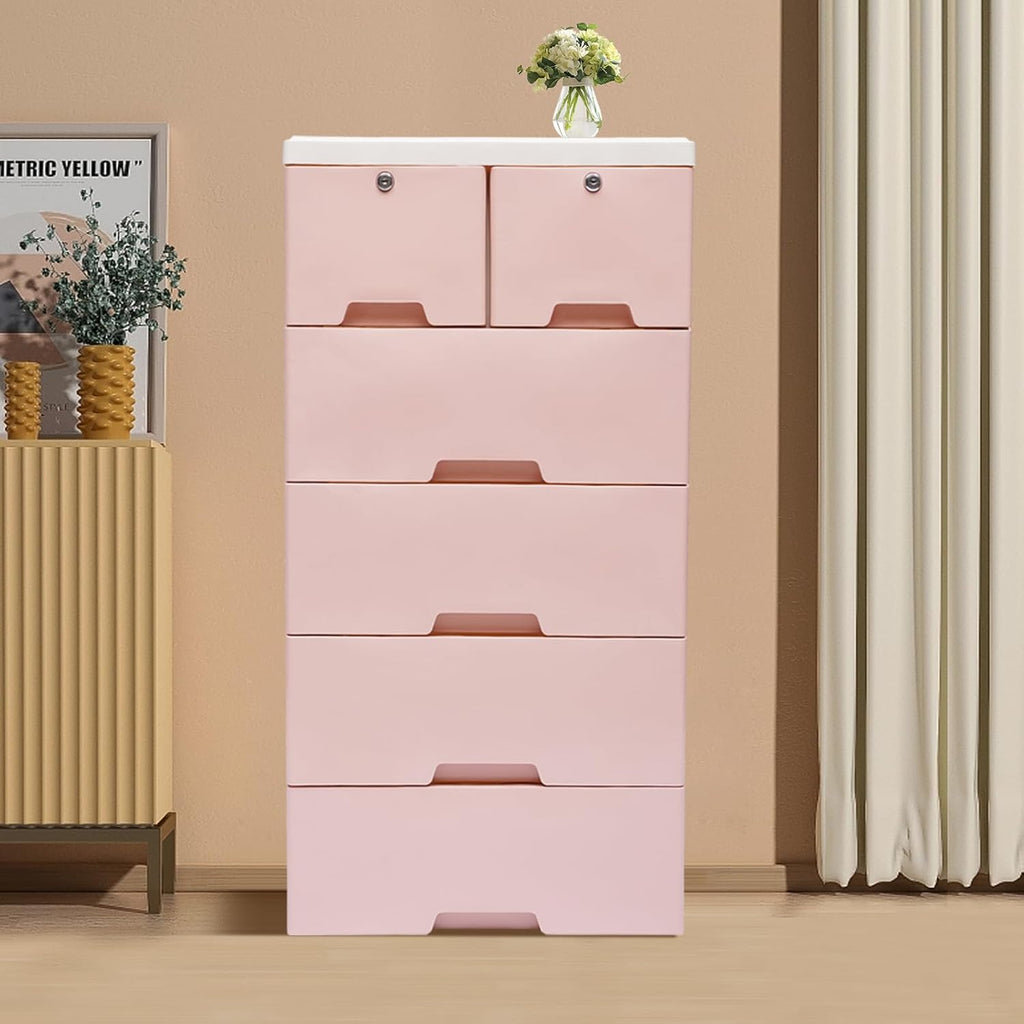 6 Drawers Pink Plastic Dresser with 4 Wheels M2797