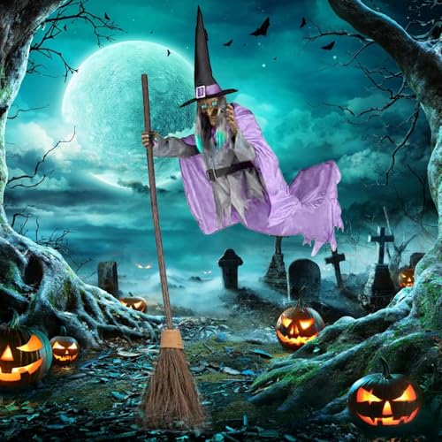 6FT Animated Flying Witch Halloween Decor with Scary Sounds and Lights J25368