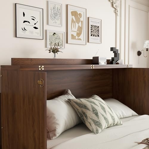 Queen Murphy Bed Cabinet with Charging Station & Rattan Design – Wall Bed with Large Storage Drawer, Foldable Platform Bed – Pine Wood Construction, Walnut M34960