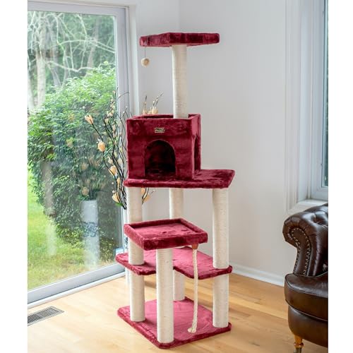 Burgundy Real Wood Cat Tower with Faux Fur E2181