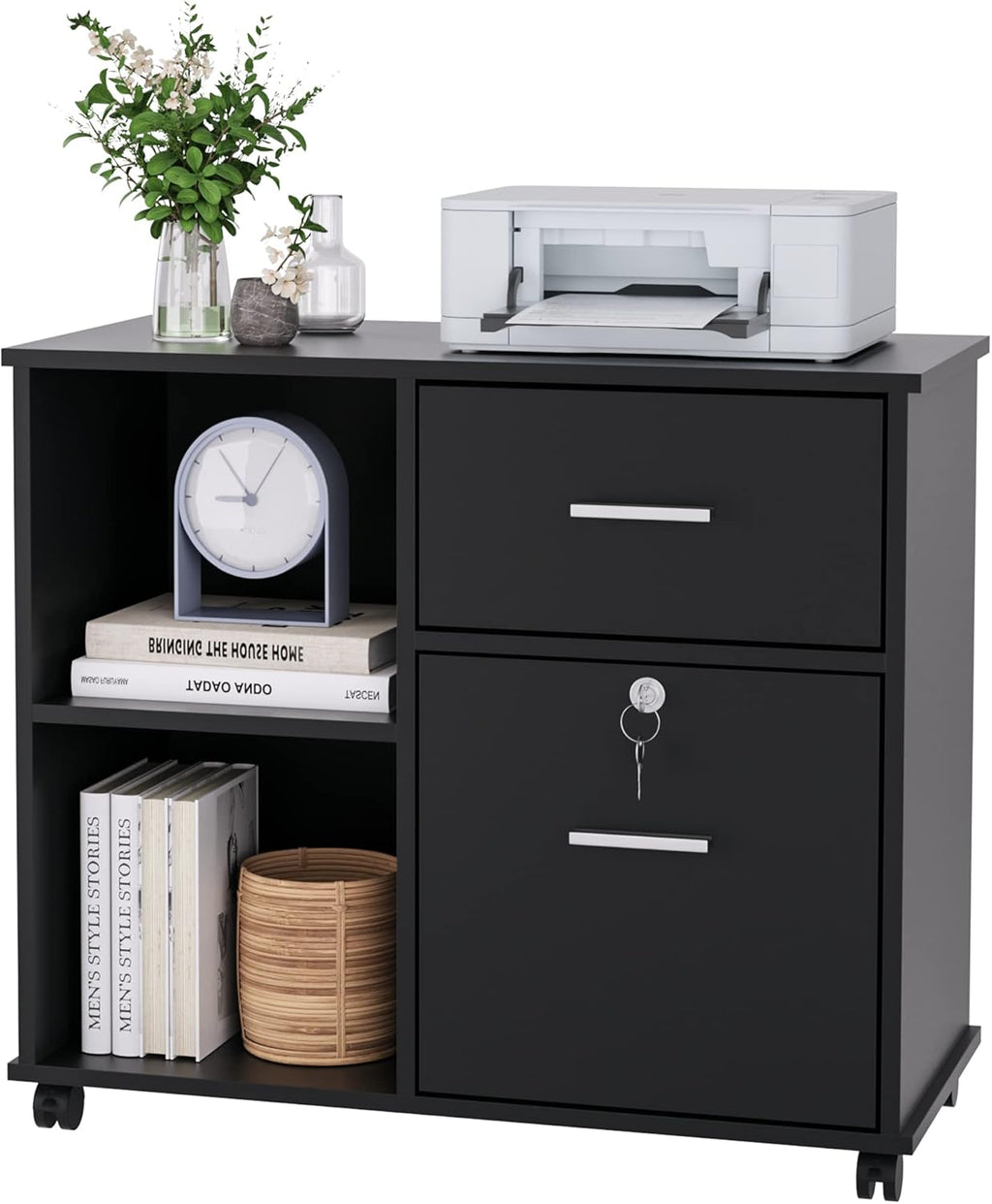 Black Wood Lateral File Cabinet with Lock H30498
