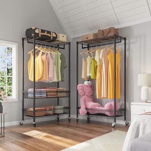 White Rolling Garment Rack with Basket V92538