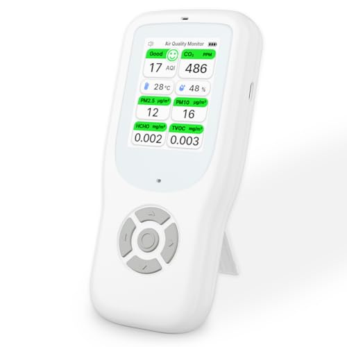 11-in-1 Air Quality Monitor with Stand for AQI, CO2, PM2.5, PM1.0, PM10, TVOC, HCHO, Particles, Temperature & Humidity (White-White) O705