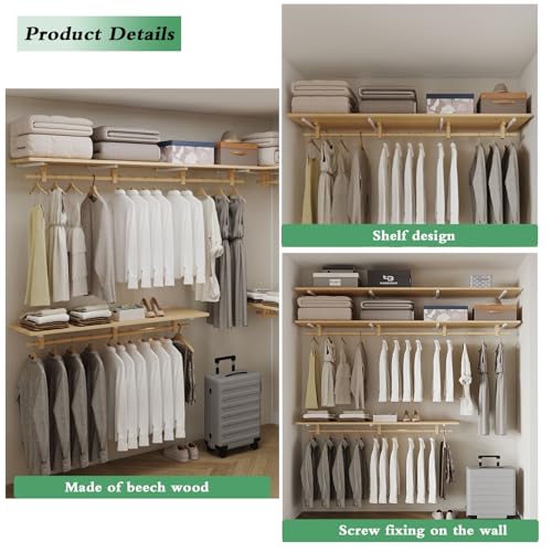 Solid Wooden Clothes Rack with Top Shelf, Wall Mounted Garment Rack P40909