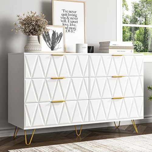 White 6 Drawer Wood Dresser with Gold Handles M626