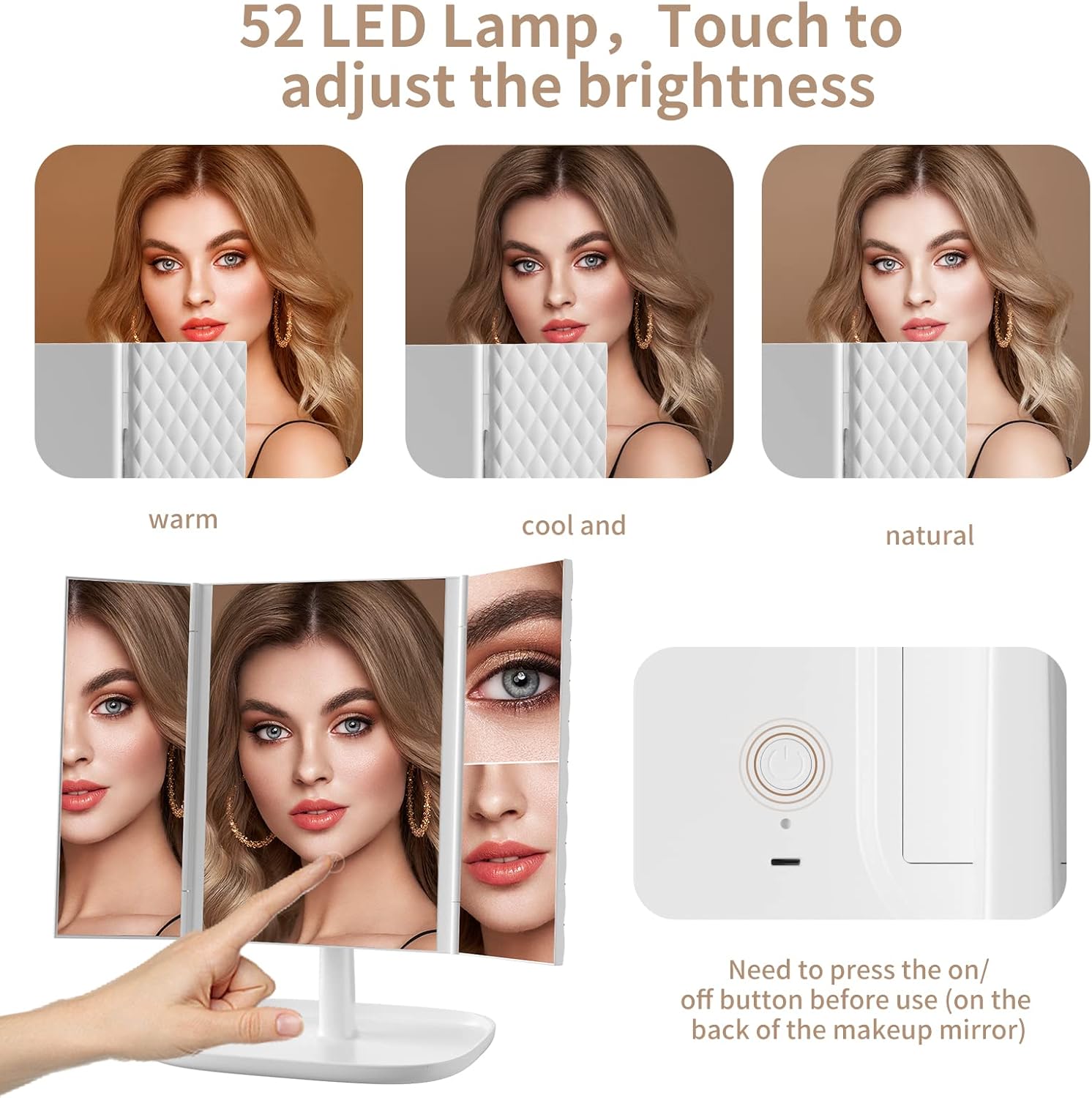 3 Color Lighting Modes 52 LED Trifold Portable Mirror with 1X 2X 3X Magnification C810